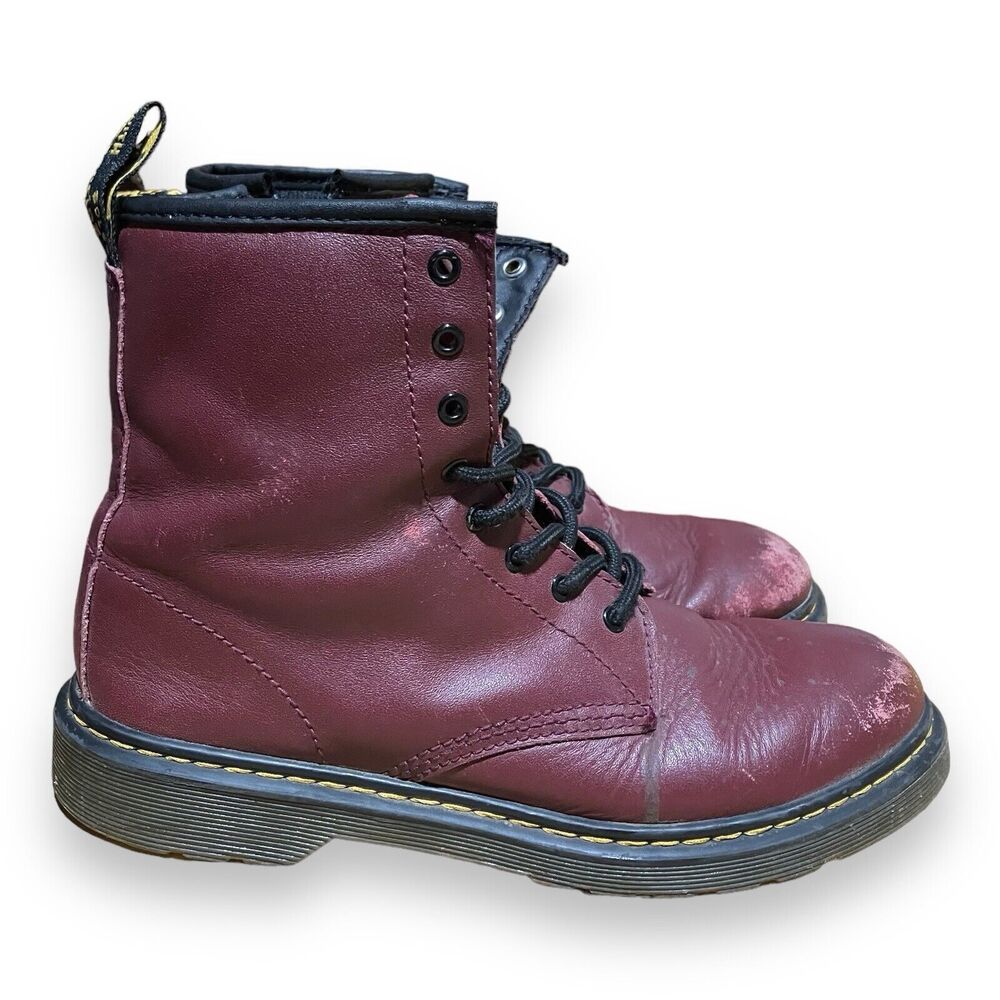 DOC MARTENS Mens 6 Vegan Leather‎ Cherry Red, *Worn And Scuffed* Distressed W 7
